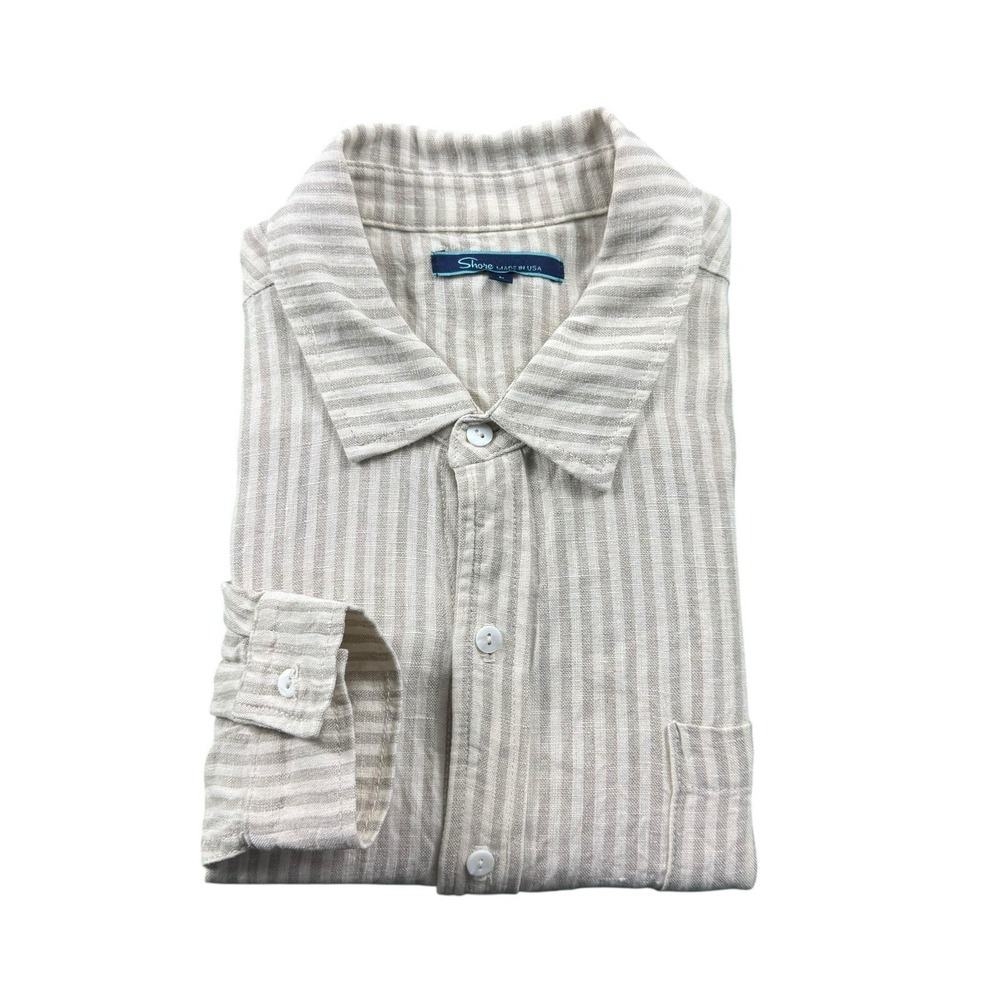 Shore Mens Pure Linen Button Front Shirt Gray White Striped Made in USA Size L